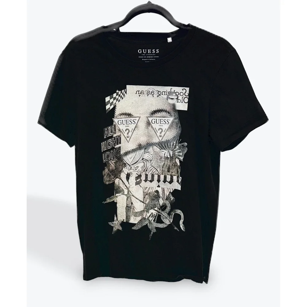 GUESS Los Angeles Graphic T-Shirt All Night Long Black Medium Tee - Picture 1 of 6
